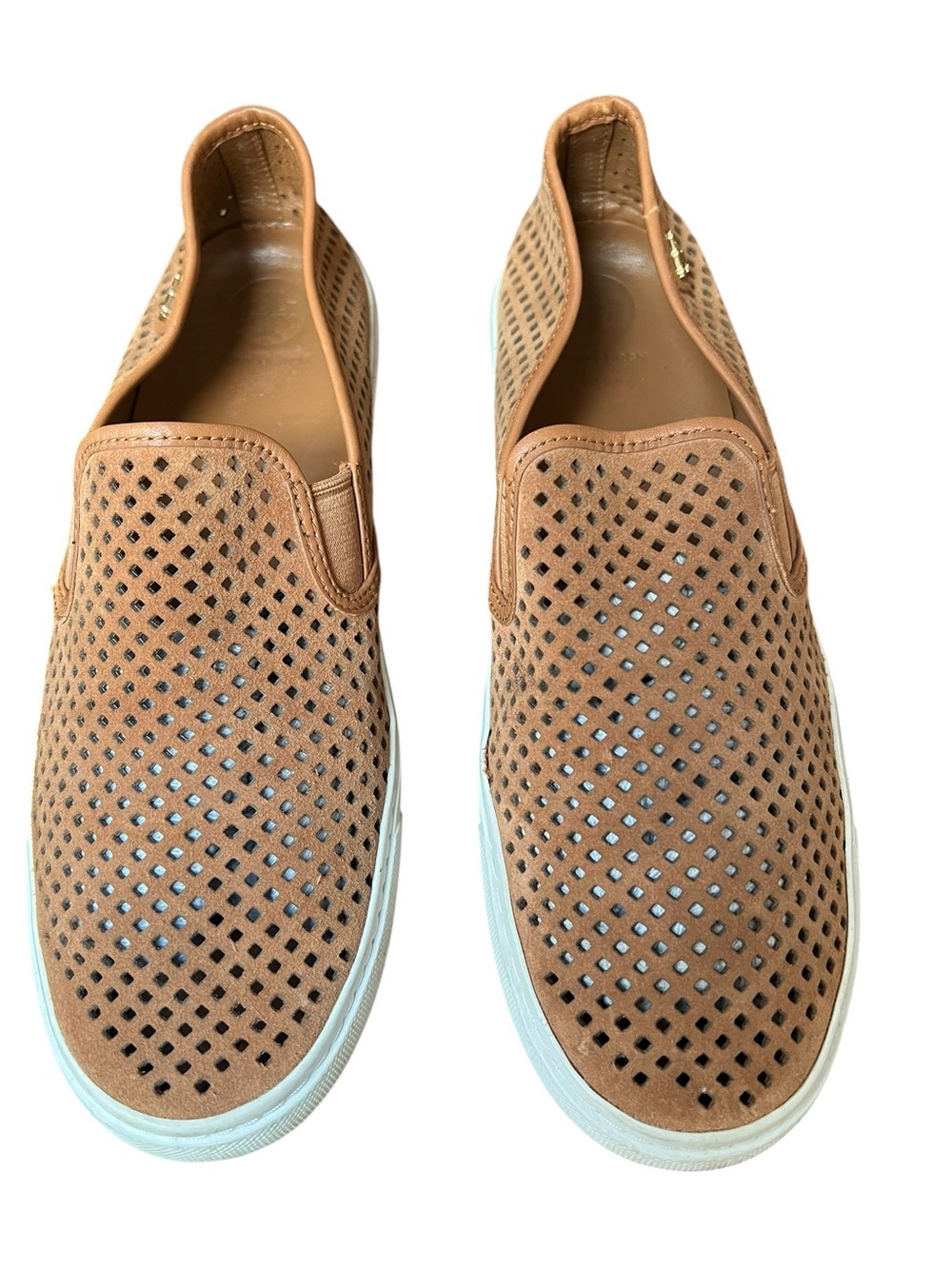 Tory Burch Jesse Suede Perforated Leather Slip On Sneakers Tan 8 Preppy Coastal